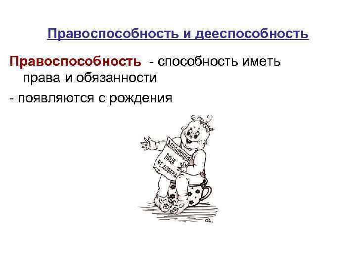 Правоспособность и дееспособность Правоспособность - способность иметь права и обязанности - появляются с рождения