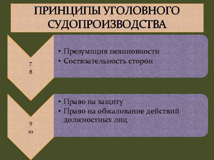 ПРИНЦИПЫ УГОЛОВНОГО СУДОПРОИЗВОДСТВА 7 • Презумпция невиновности • Состязательность сторон 8 9 10 •