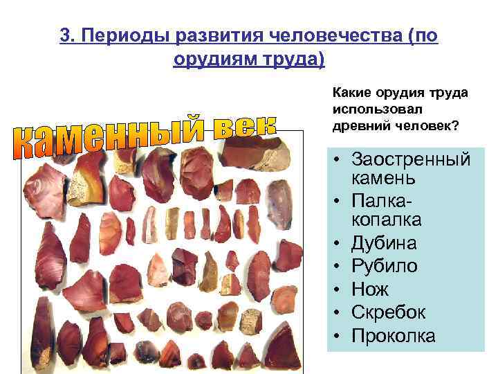 3. Периоды развития человечества (по орудиям труда) Какие орудия труда использовал древний человек? •