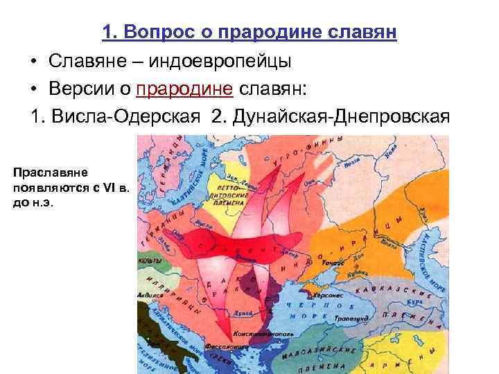 1. Вопрос о прародине славян • Славяне – индоевропейцы • Версии о прародине славян: