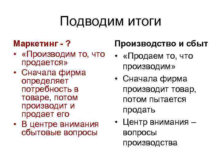 Подводим итоги Маркетинг - ? • «Производим то, что продается» • Сначала фирма определяет