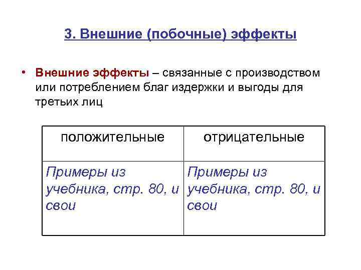 3. Внешние (побочные) эффекты • Внешние эффекты – связанные с производством или потреблением благ