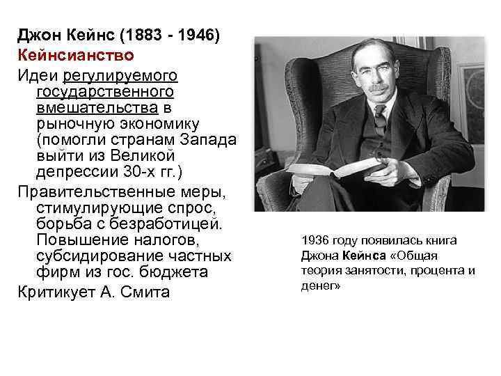 Джон Кейнс (1883 - 1946) Кейнсианство Идеи регулируемого государственного вмешательства в рыночную экономику (помогли