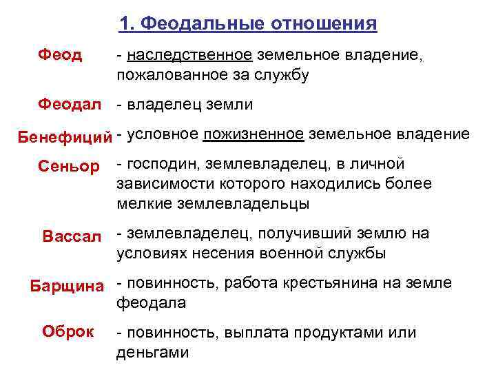 1. Феодальные отношения Феод - наследственное земельное владение, пожалованное за службу Феодал - владелец