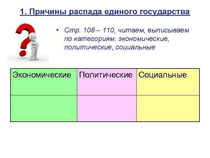 1. Причины распада единого государства • Стр. 108 – 110, читаем, выписываем по категориям: