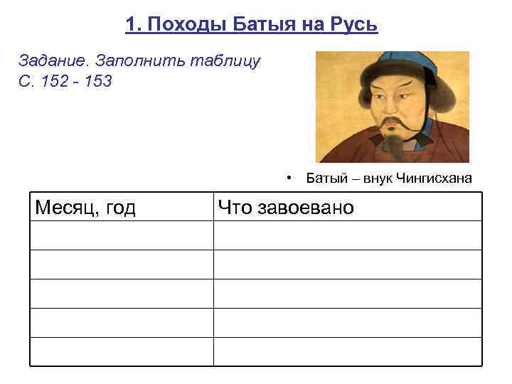 1. Походы Батыя на Русь Задание. Заполнить таблицу С. 152 - 153 • Батый