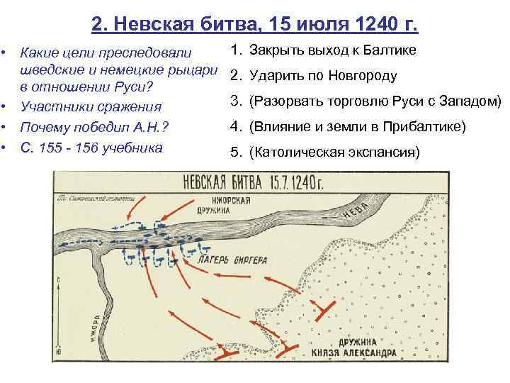 2. Невская битва, 15 июля 1240 г. • Какие цели преследовали шведские и немецкие