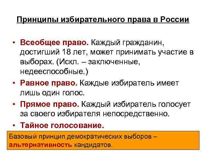 Принципы избирательного права в России • Всеобщее право. Каждый гражданин, достигший 18 лет, может