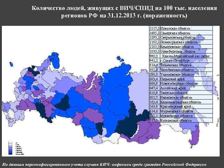 Количество людей, живущих с ВИЧ/СПИД на 100 тыс. населения регионов РФ на 31. 12.