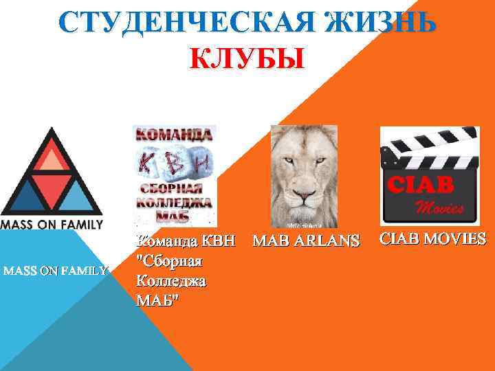 СТУДЕНЧЕСКАЯ ЖИЗНЬ КЛУБЫ MASS ON FAMILY Команда КВН MAB ARLANS "Сборная Колледжа МАБ" CIAB