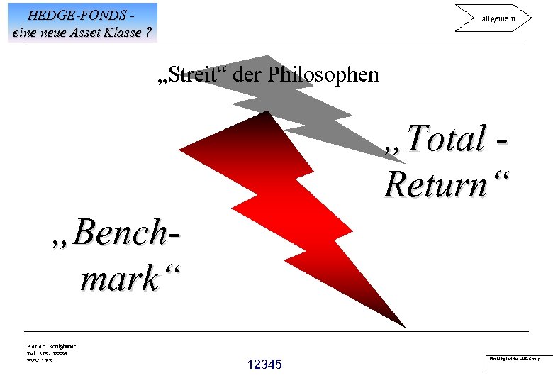 HEDGE-FONDS eine neue Asset Klasse ? allgemein „Streit“ der Philosophen „Total Return“ „Benchmark“ P