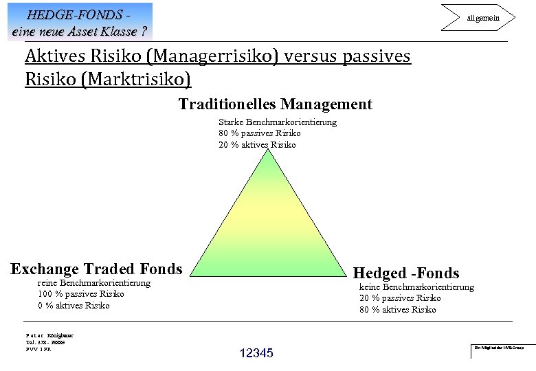 HEDGE-FONDS eine neue Asset Klasse ? allgemein Aktives Risiko (Managerrisiko) versus passives Risiko (Marktrisiko)