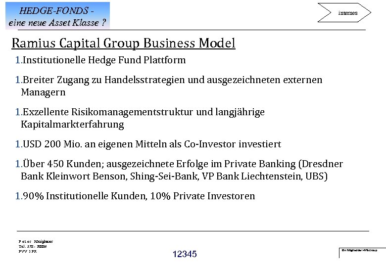 HEDGE-FONDS eine neue Asset Klasse ? internes Ramius Capital Group Business Model 1. Institutionelle