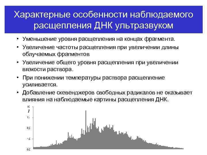 Характерные особенности наблюдаемого расщепления ДНК ультразвуком • Уменьшение уровня расщепления на концах фрагмента. •