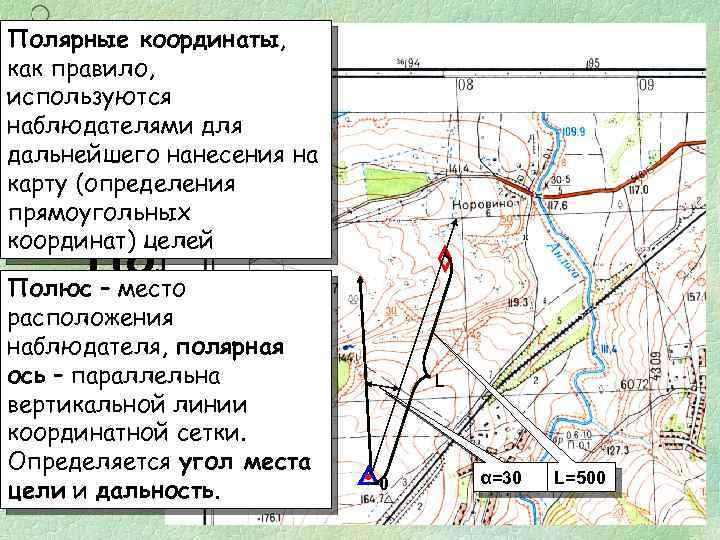 Полярные координаты, как правило, используются наблюдателями для дальнейшего нанесения на карту (определения прямоугольных координат)