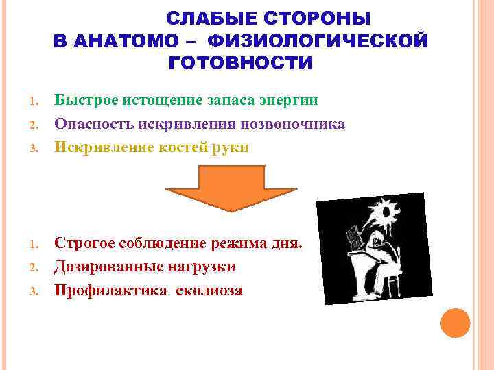 СЛАБЫЕ СТОРОНЫ В АНАТОМО – ФИЗИОЛОГИЧЕСКОЙ ГОТОВНОСТИ 1. 2. 3. Быстрое истощение запаса энергии