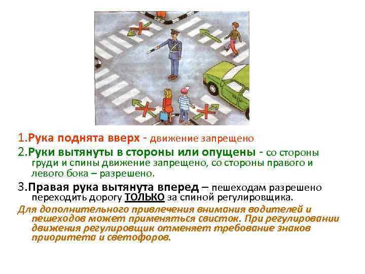 1. Рука поднята вверх - движение запрещено 2. Руки вытянуты в стороны или опущены