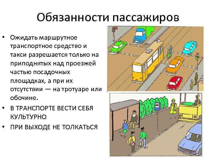 Обязанности пассажиров • Ожидать маршрутное транспортное средство и такси разрешается только на приподнятых над