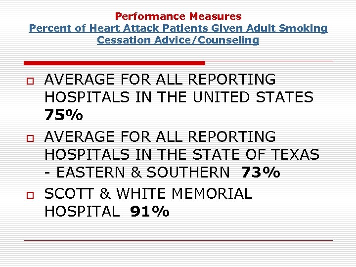 Performance Measures Percent of Heart Attack Patients Given Adult Smoking Cessation Advice/Counseling o o