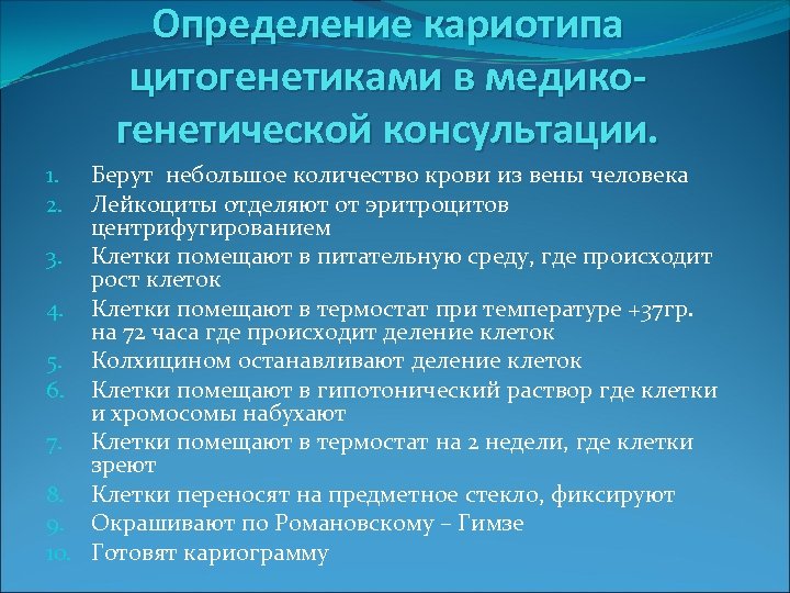 Определение кариотипа цитогенетиками в медикогенетической консультации. Берут небольшое количество крови из вены человека Лейкоциты