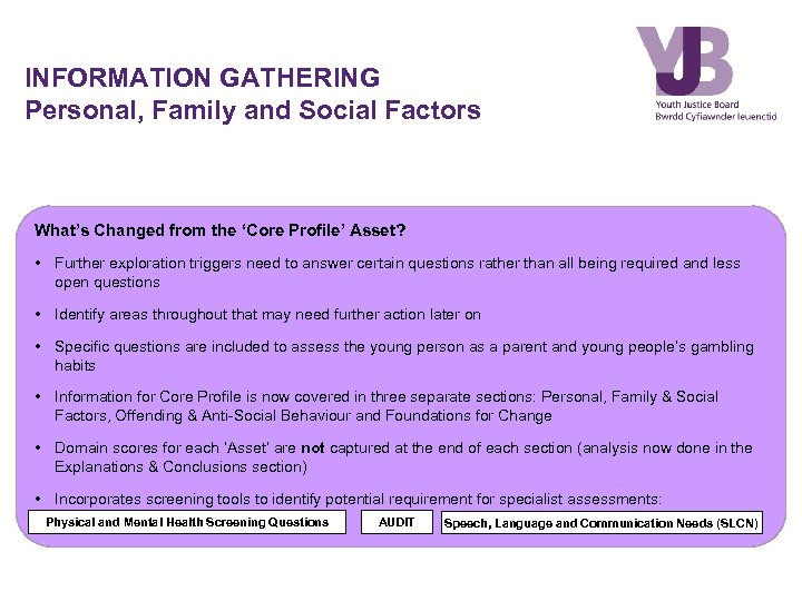 INFORMATION GATHERING Personal, Family and Social Factors What’s Changed from the ‘Core Profile’ Asset?