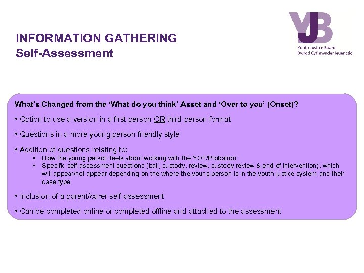 INFORMATION GATHERING Self-Assessment What’s Changed from the ‘What do you think’ Asset and ‘Over