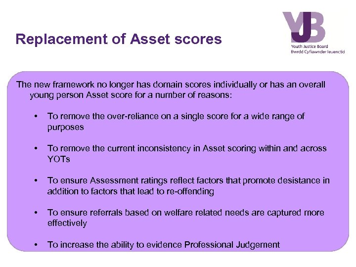 Replacement of Asset scores The new framework no longer has domain scores individually or