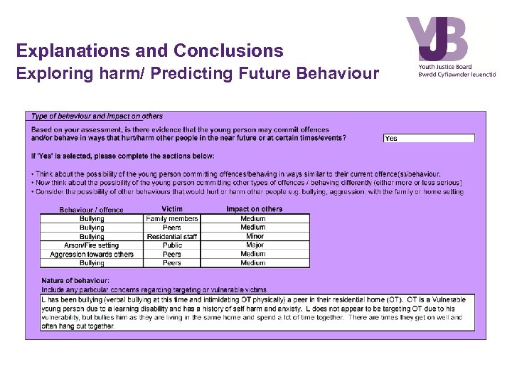 Explanations and Conclusions Exploring harm/ Predicting Future Behaviour 