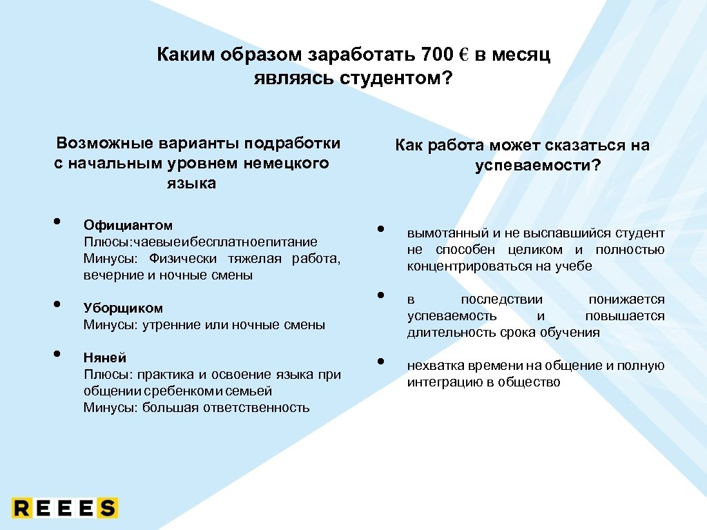 Каким образом заработать 700 € в месяц являясь студентом? Возможные варианты подработки с начальным