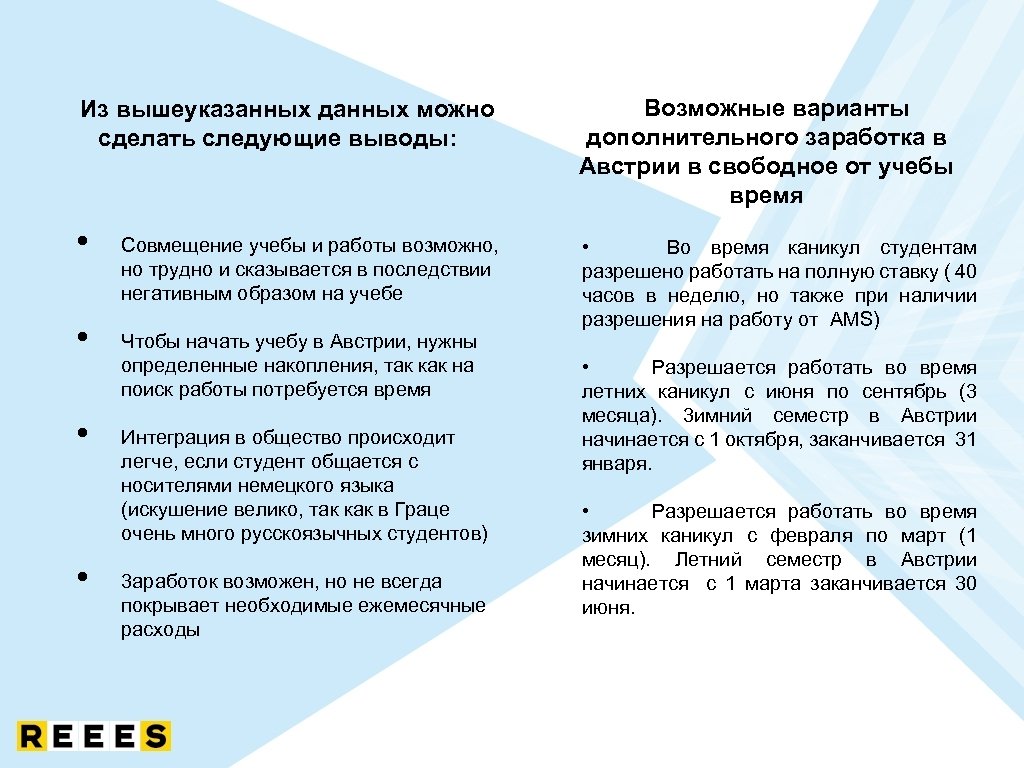 Из вышеуказанных данных можно сделать следующие выводы: • • Cовмещение учебы и работы возможно,