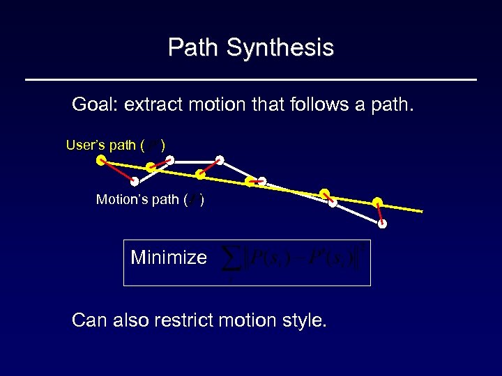 Path Synthesis Goal: extract motion that follows a path. User’s path ( ) Motion’s