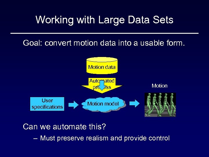 Working with Large Data Sets Goal: convert motion data into a usable form. Motion