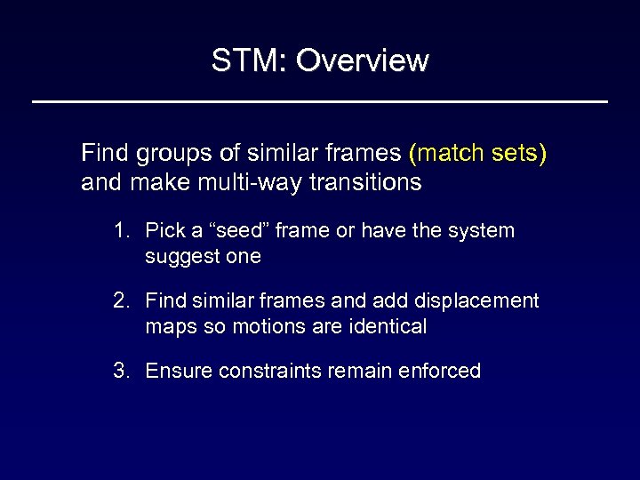 STM: Overview Find groups of similar frames (match sets) and make multi-way transitions 1.