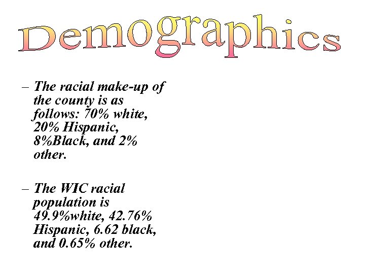 – The racial make-up of the county is as follows: 70% white, 20% Hispanic,