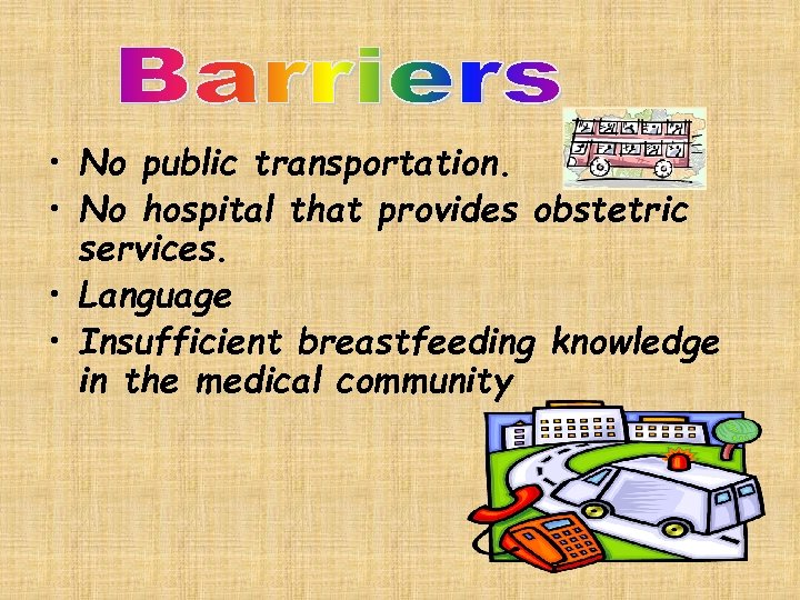  • No public transportation. • No hospital that provides obstetric services. • Language