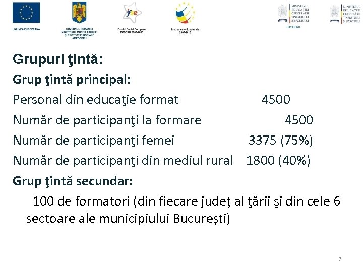 Grupuri ţintă: Grup ţintă principal: Personal din educaţie format 4500 Număr de participanţi la