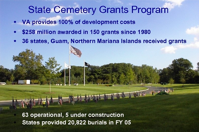 State Cemetery Grants Program w VA provides 100% of development costs w $258 million