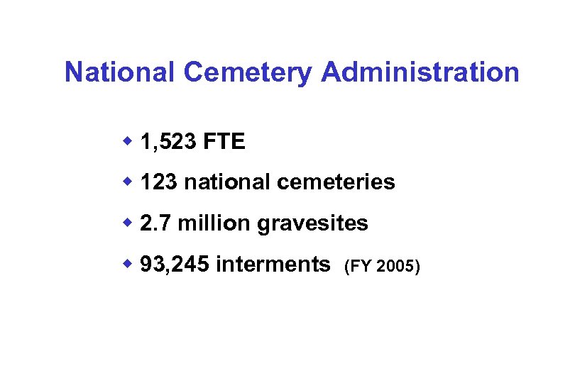 National Cemetery Administration w 1, 523 FTE w 123 national cemeteries w 2. 7