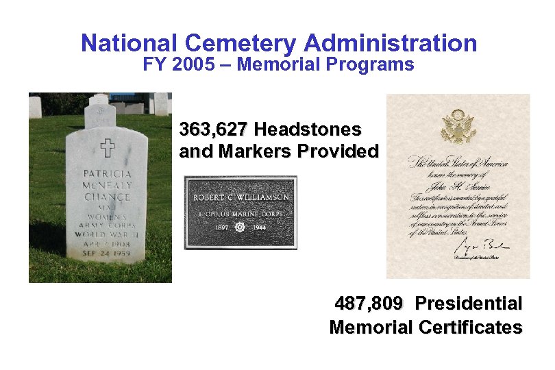National Cemetery Administration FY 2005 – Memorial Programs 363, 627 Headstones and Markers Provided