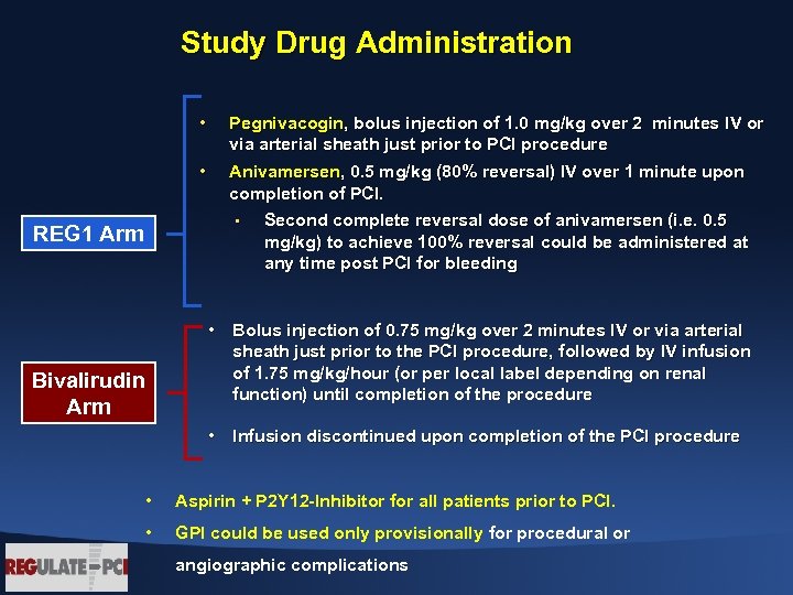 Study Drug Administration • Pegnivacogin, bolus injection of 1. 0 mg/kg over 2 minutes