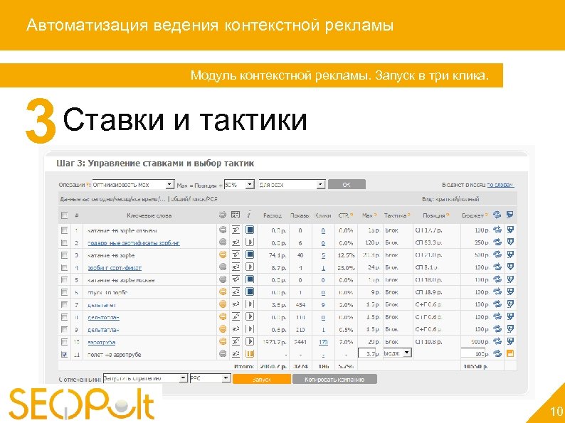 Автоматизация ведения контекстной рекламы Модуль контекстной рекламы. Запуск в три клика. 3 Ставки и
