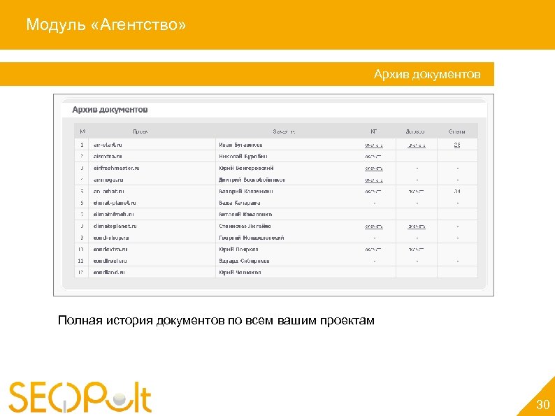 Модуль «Агентство» Архив документов Полная история документов по всем вашим проектам 30 