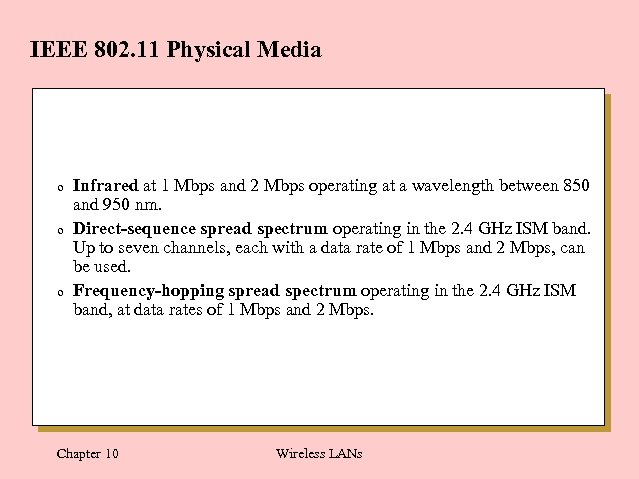 IEEE 802. 11 Physical Media 0 Infrared at 1 Mbps and 2 Mbps operating