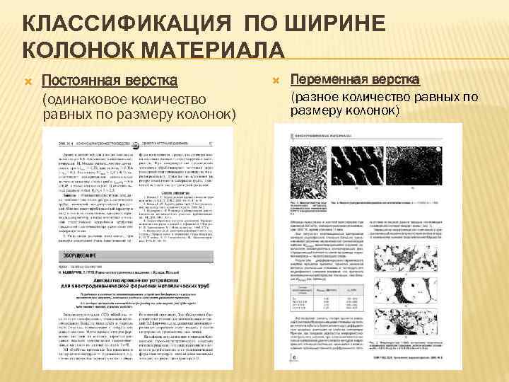 КЛАССИФИКАЦИЯ ПО ШИРИНЕ КОЛОНОК МАТЕРИАЛА Постоянная верстка (одинаковое количество равных по размеру колонок) Переменная