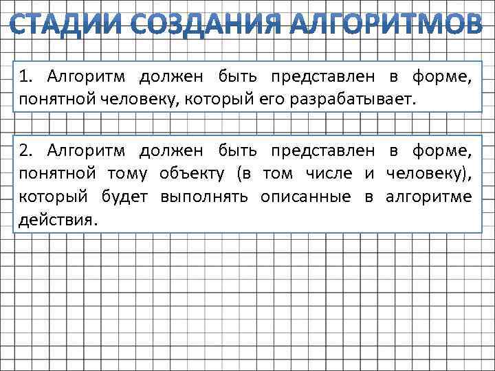 1. Алгоритм должен быть представлен в форме, понятной человеку, который его разрабатывает. 2. Алгоритм