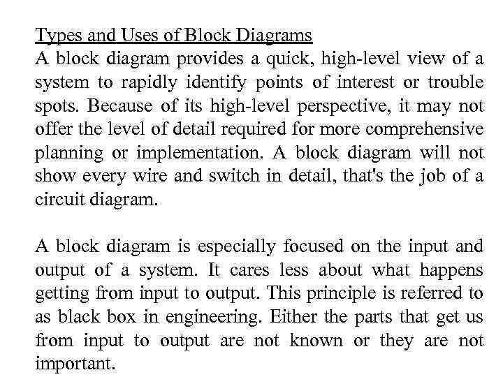 Types and Uses of Block Diagrams A block diagram provides a quick, high-level view