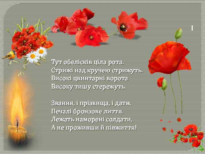 Тут обелісків ціла рота. Стрижі над кручею стрижуть. Високі цвинтарні ворота Високу тишу стережуть.