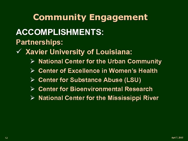 Community Engagement ACCOMPLISHMENTS: Partnerships: ü Xavier University of Louisiana: Ø Ø Ø 12 National