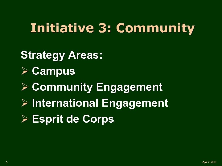 Initiative 3: Community Strategy Areas: Ø Campus Ø Community Engagement Ø International Engagement Ø