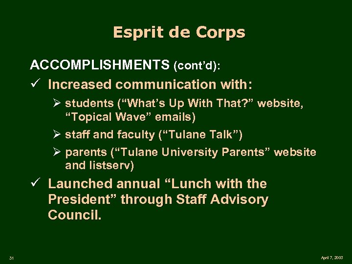 Esprit de Corps ACCOMPLISHMENTS (cont’d): ü Increased communication with: Ø students (“What’s Up With